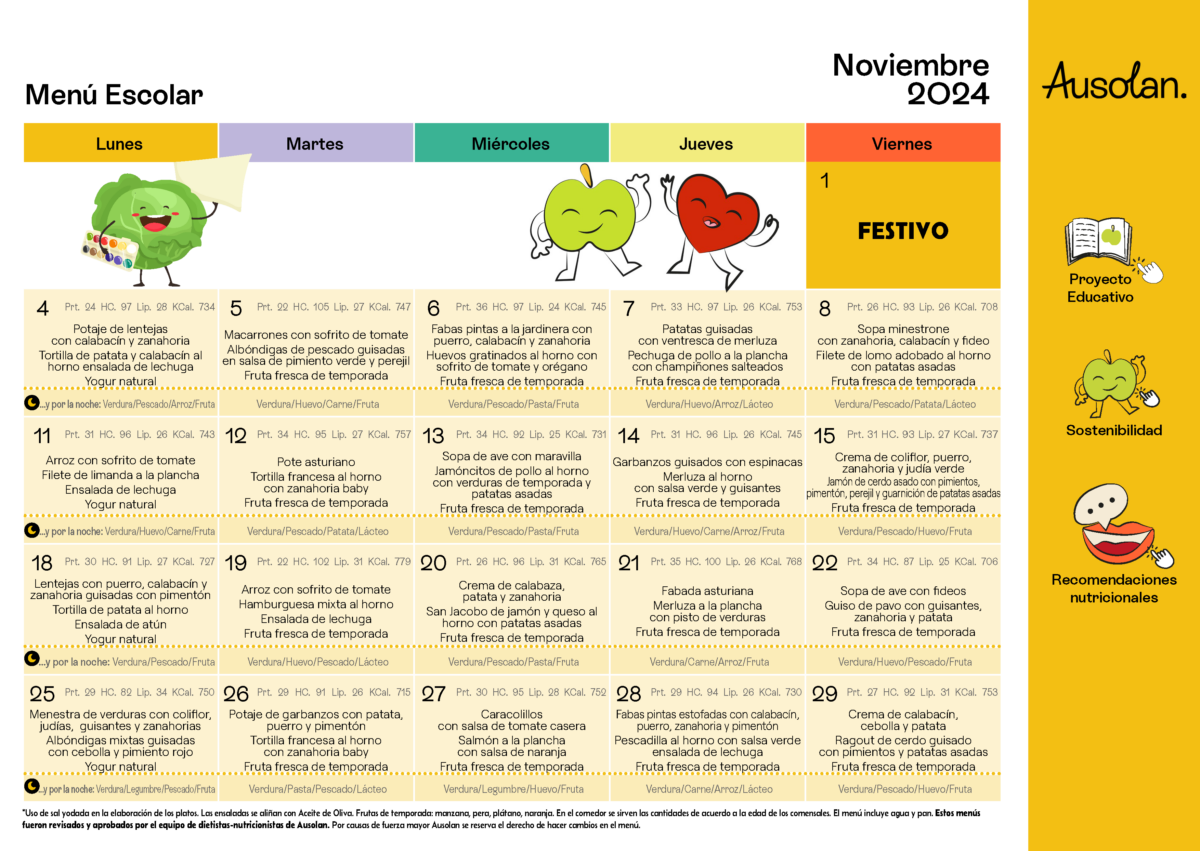 Comedor escolar: menú noviembre